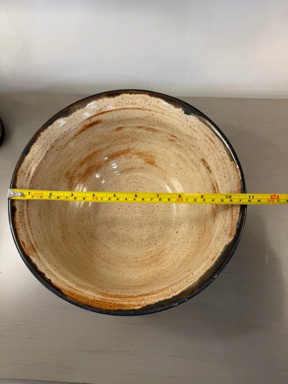 Artisan Studio Pottery Bowl Handles Blue Brown Tan Signed Muddy Hands 2007